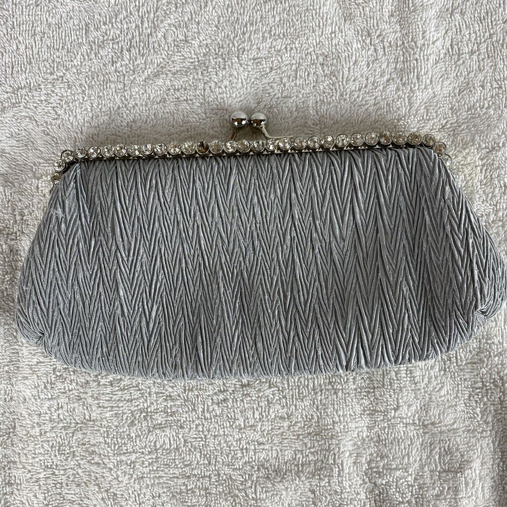 RSVP Cross Body Purse Gray Silver Rhinestone Trim Evening Party Wedding Prom 5X9
